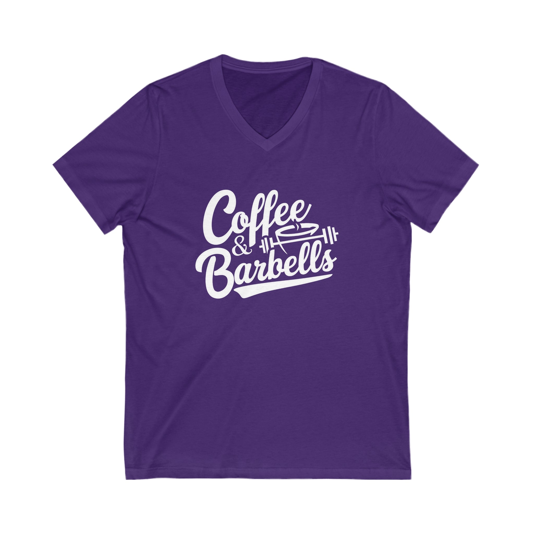 Coffee & Barbells - Unisex Jersey Short Sleeve V-Neck Tee - White Logo Plain Back