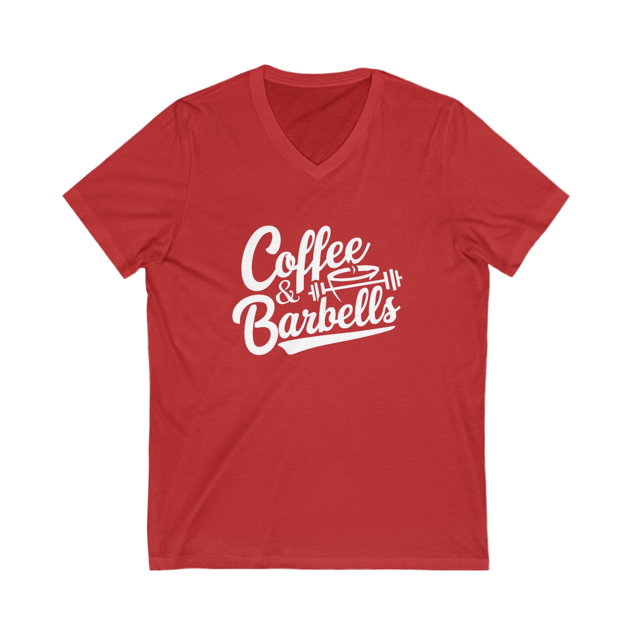 Coffee & Barbells - Unisex Jersey Short Sleeve V-Neck Tee - White Logo Plain Back