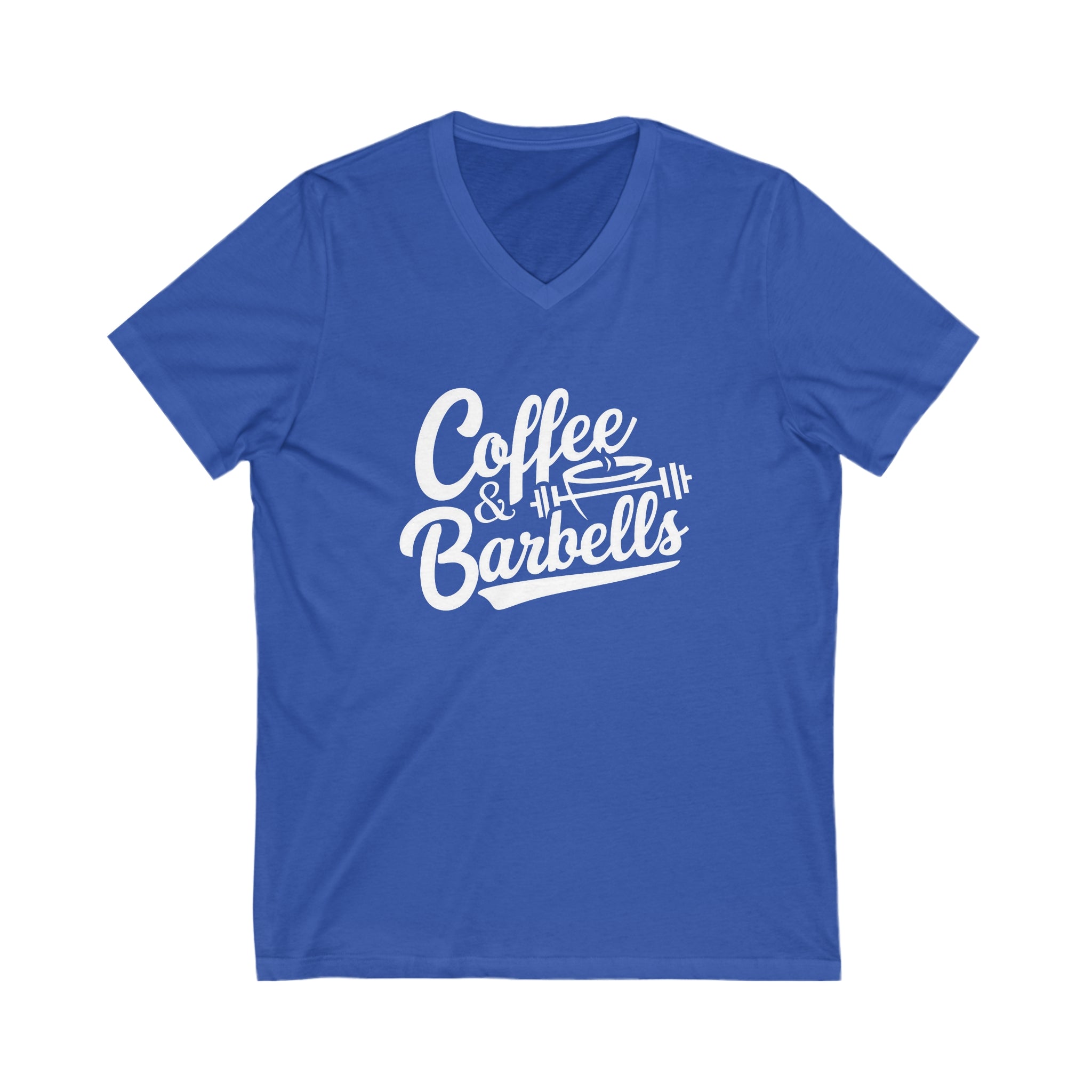 Coffee & Barbells - Unisex Jersey Short Sleeve V-Neck Tee - White Logo Plain Back