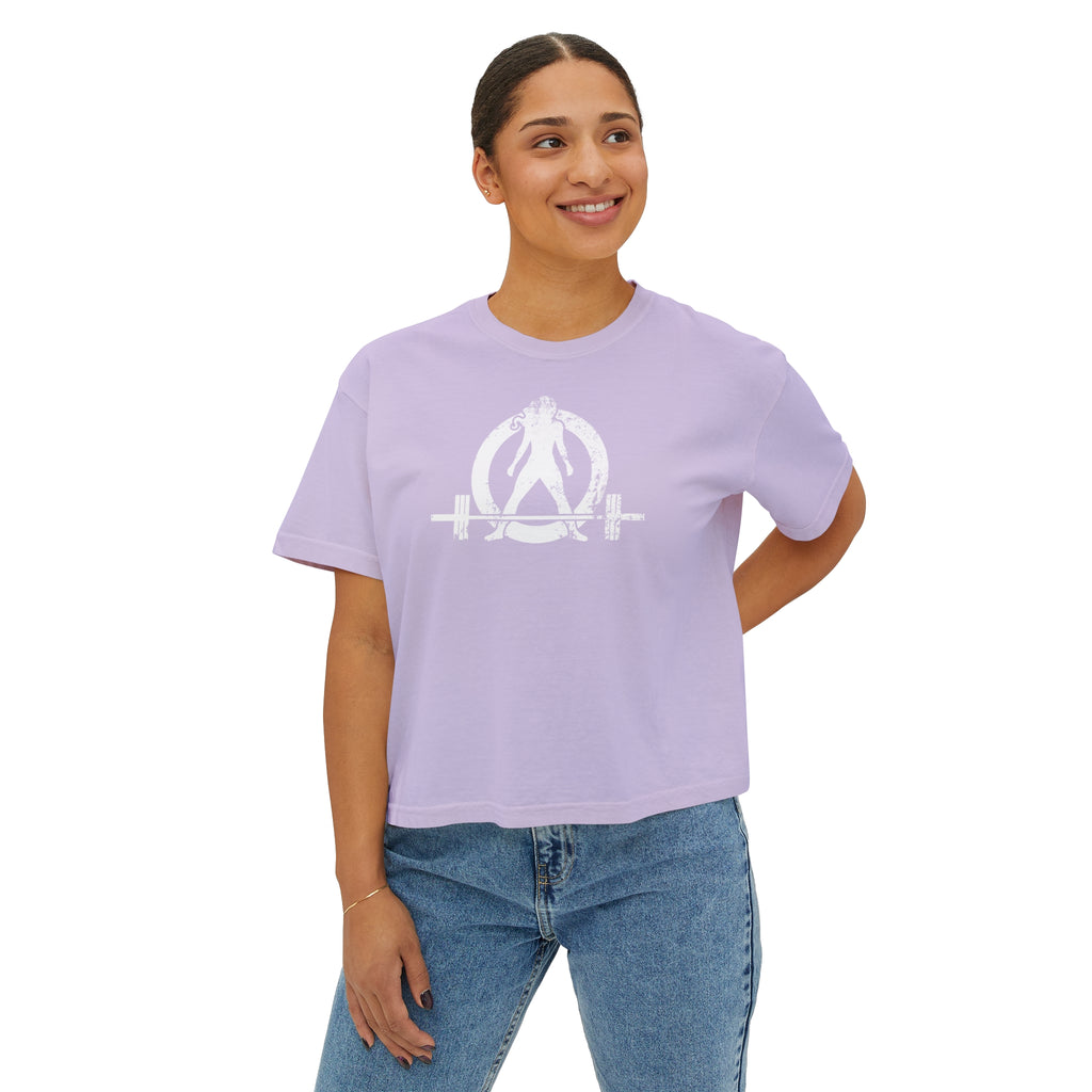 Women's Boxy Tee - White Distressed Logo Front Plain Back