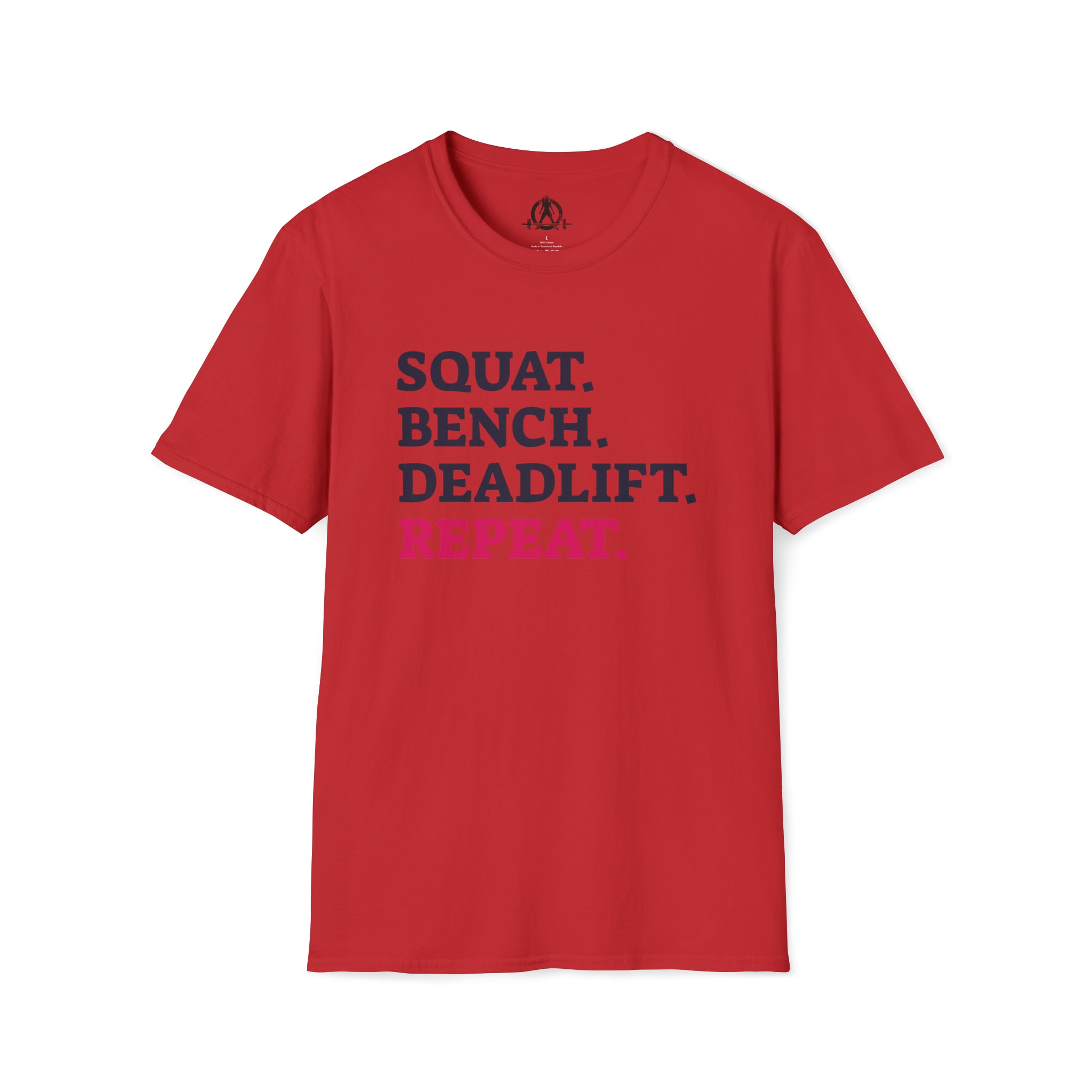 Squat Bench Deadlift Repeat - Unisex Softstyle T-Shirt - Pink - Plain Back