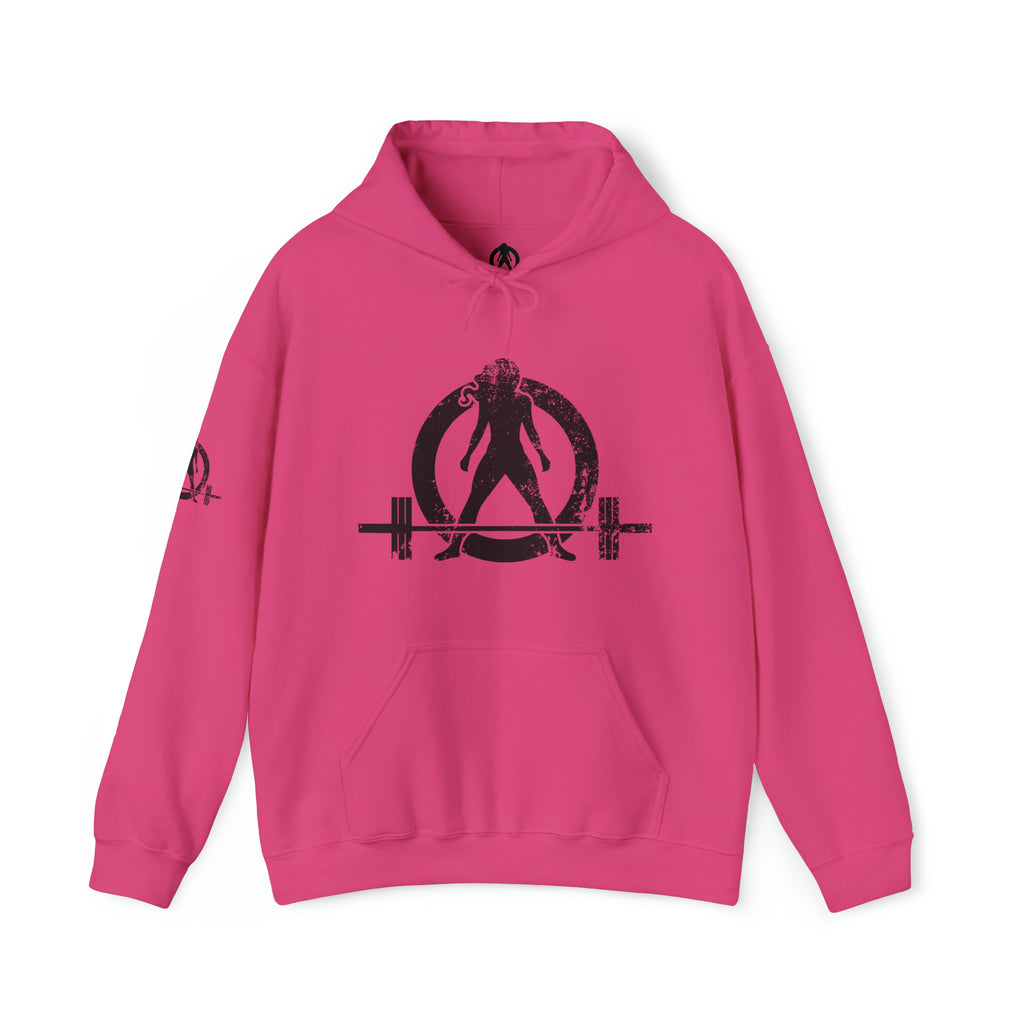 Squat Bench Deadlift Repeat - Unisex Heavy Blend Hooded Sweatshirt - Dark Black Logo - Pink - SBDR on BACK
