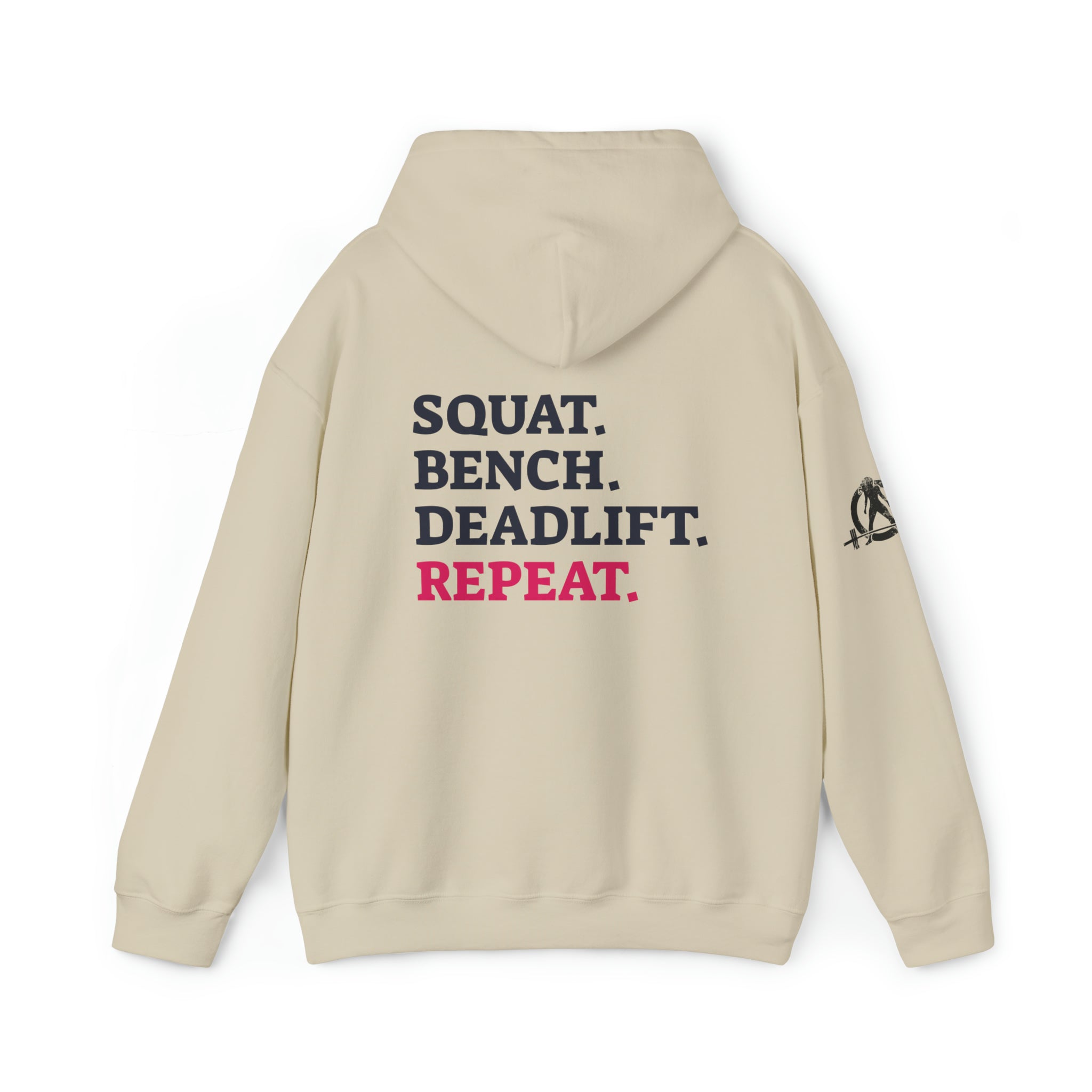 Squat Bench Deadlift Repeat - Unisex Heavy Blend Hooded Sweatshirt - Dark Black Logo - Pink - SBDR on BACK