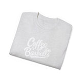 Coffee & Barbells - Unisex Ultra Cotton Tee - Front White Logo - Plain Back