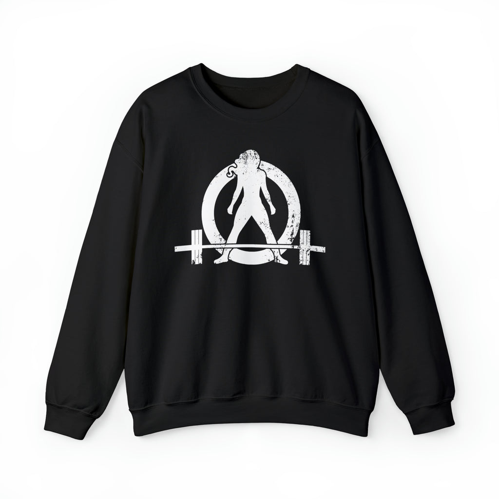 COFFEE and a Barbell - Unisex Heavy Blend™ Crewneck Sweatshirt - Distressed Logo - Plain Back