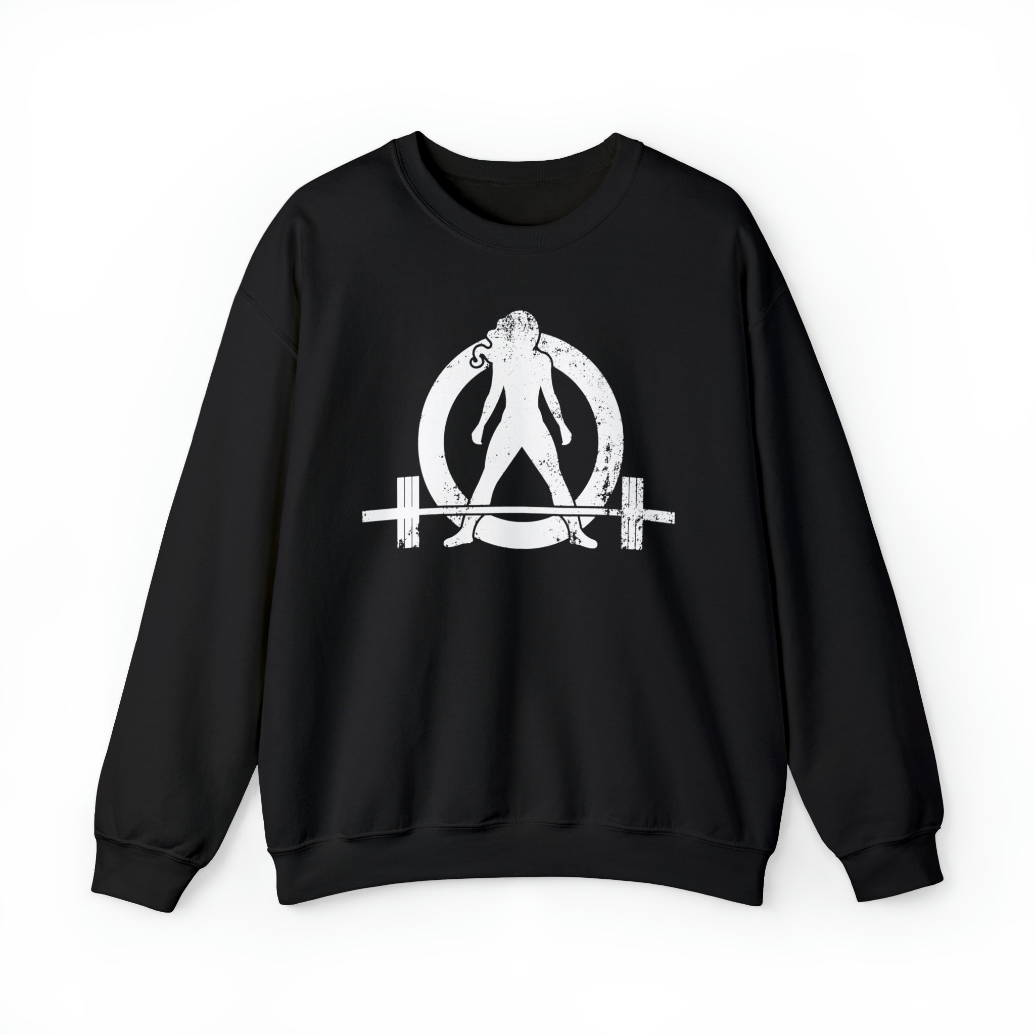 COFFEE and a Barbell - Unisex Heavy Blend™ Crewneck Sweatshirt - Distressed Logo - Plain Back