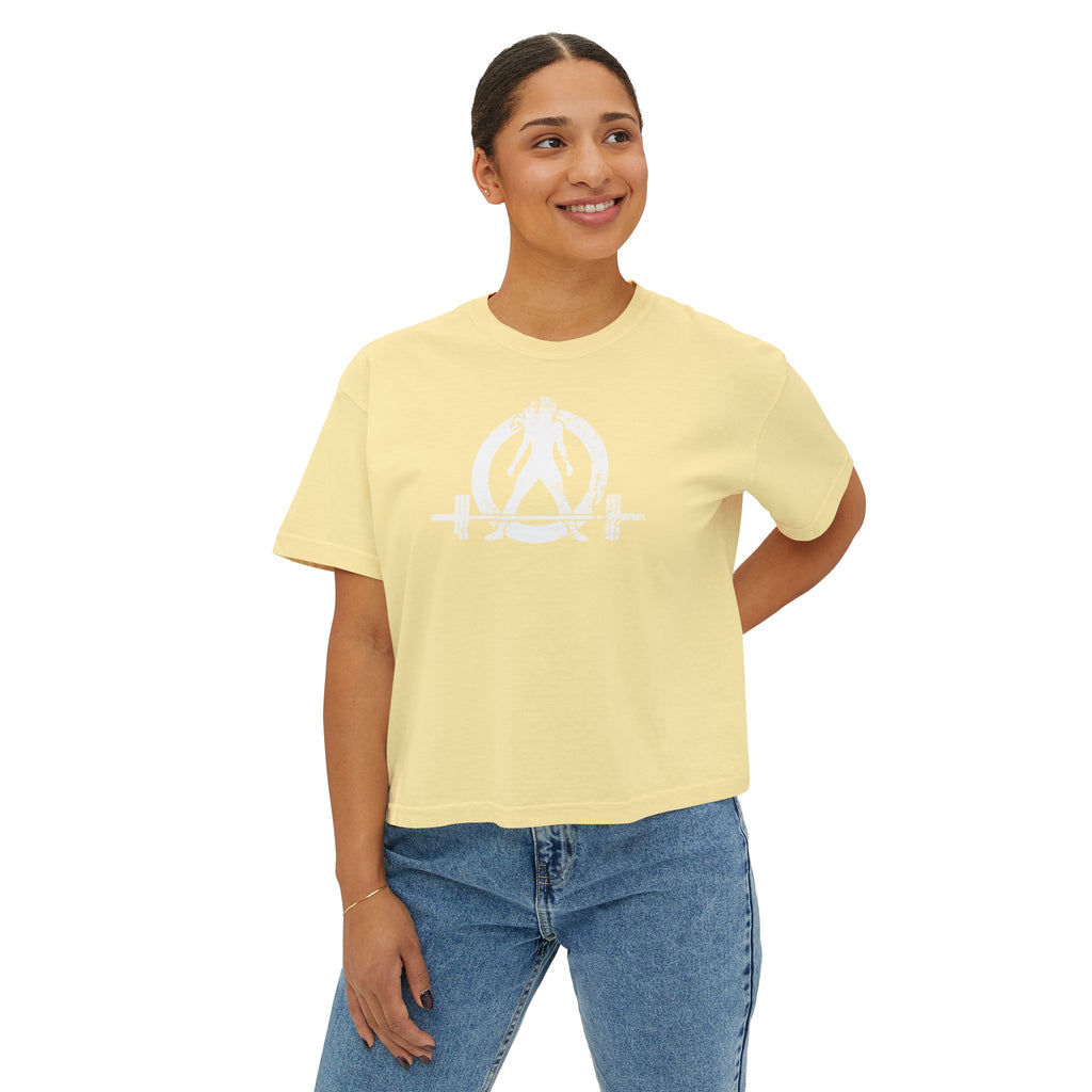 Women's Boxy Tee - White Distressed Logo Front Plain Back