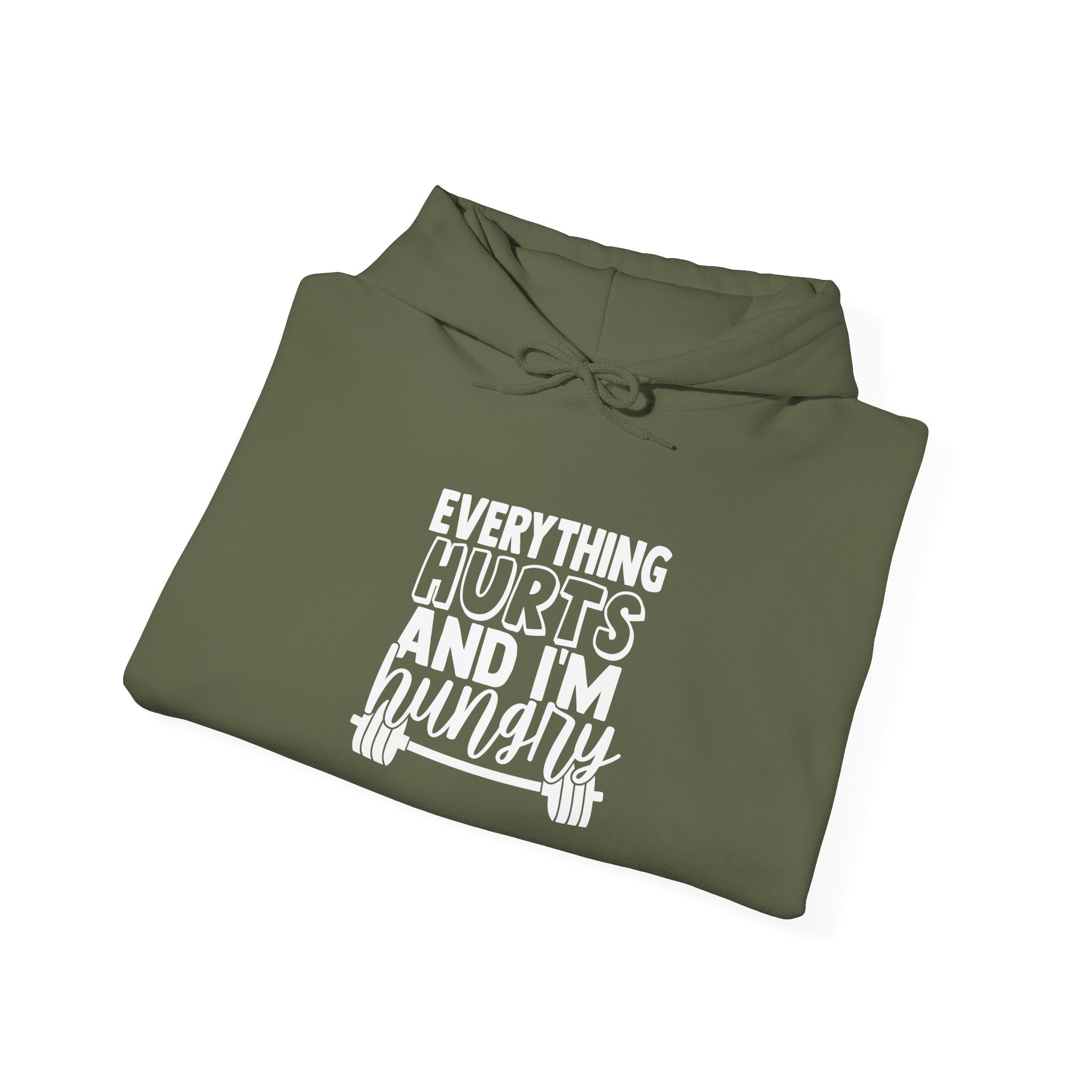 Everything Hurts & I'm Hungry  - Unisex Heavy Blend Hooded Sweatshirt  - White Print Front/Arm