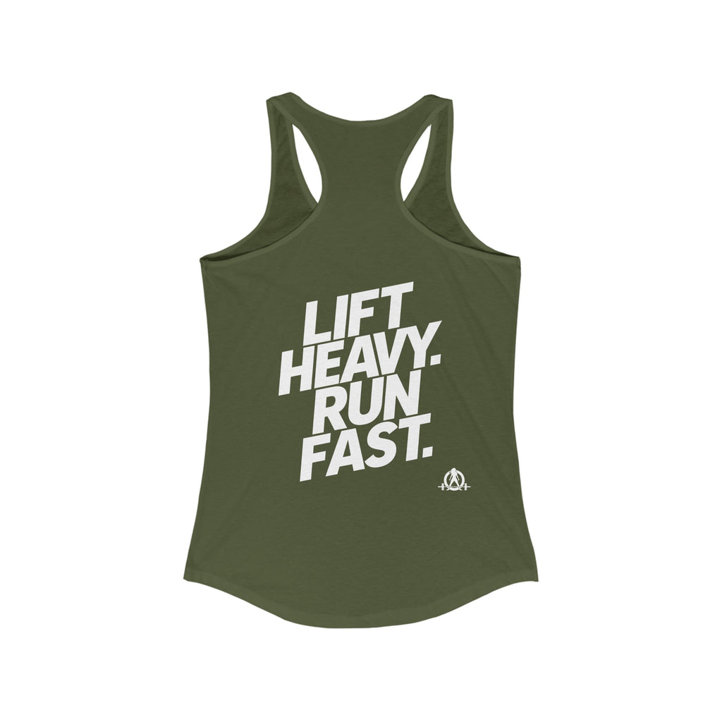 Lift Heavy - Run Fast - Racer Back Tank Top - Women's Ideal Racerback Tank (White Front & Back Logo)