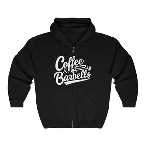 Coffee & Barbells - Unisex Heavy Blend Full Zip Hooded Sweatshirt - Front Chest White Logo - Plain Back