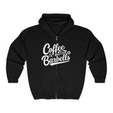 Coffee & Barbells - Unisex Heavy Blend Full Zip Hooded Sweatshirt - Front Chest White Logo - Plain Back