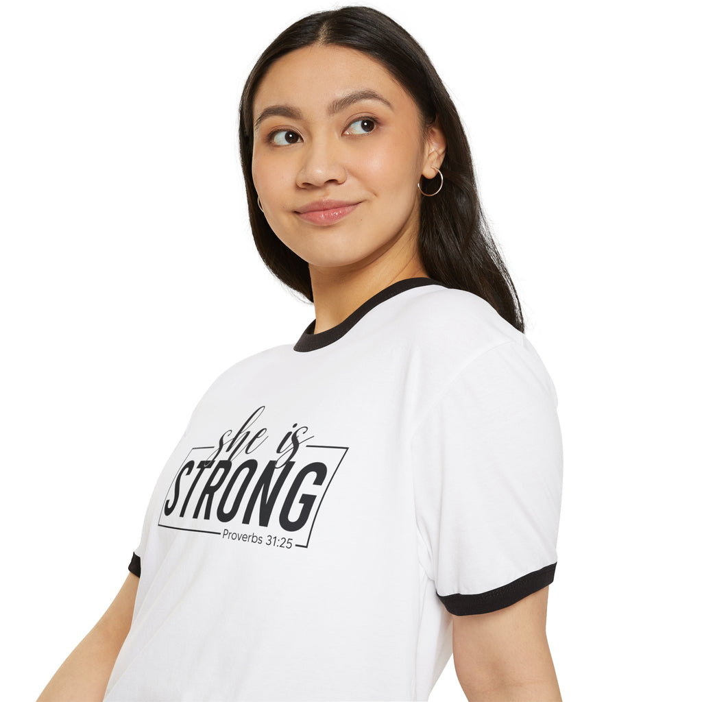 She Is Strong  - Unisex Cotton Ringer T-Shirt - Black Classic Logo Front Plain Back