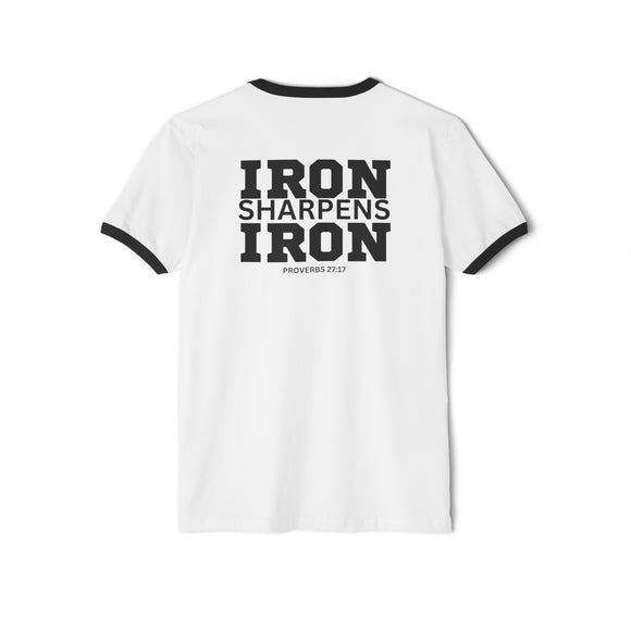 Iron Sharpens Iron - Unisex Cotton Ringer T-Shirt - Black Logo Front Plain Back