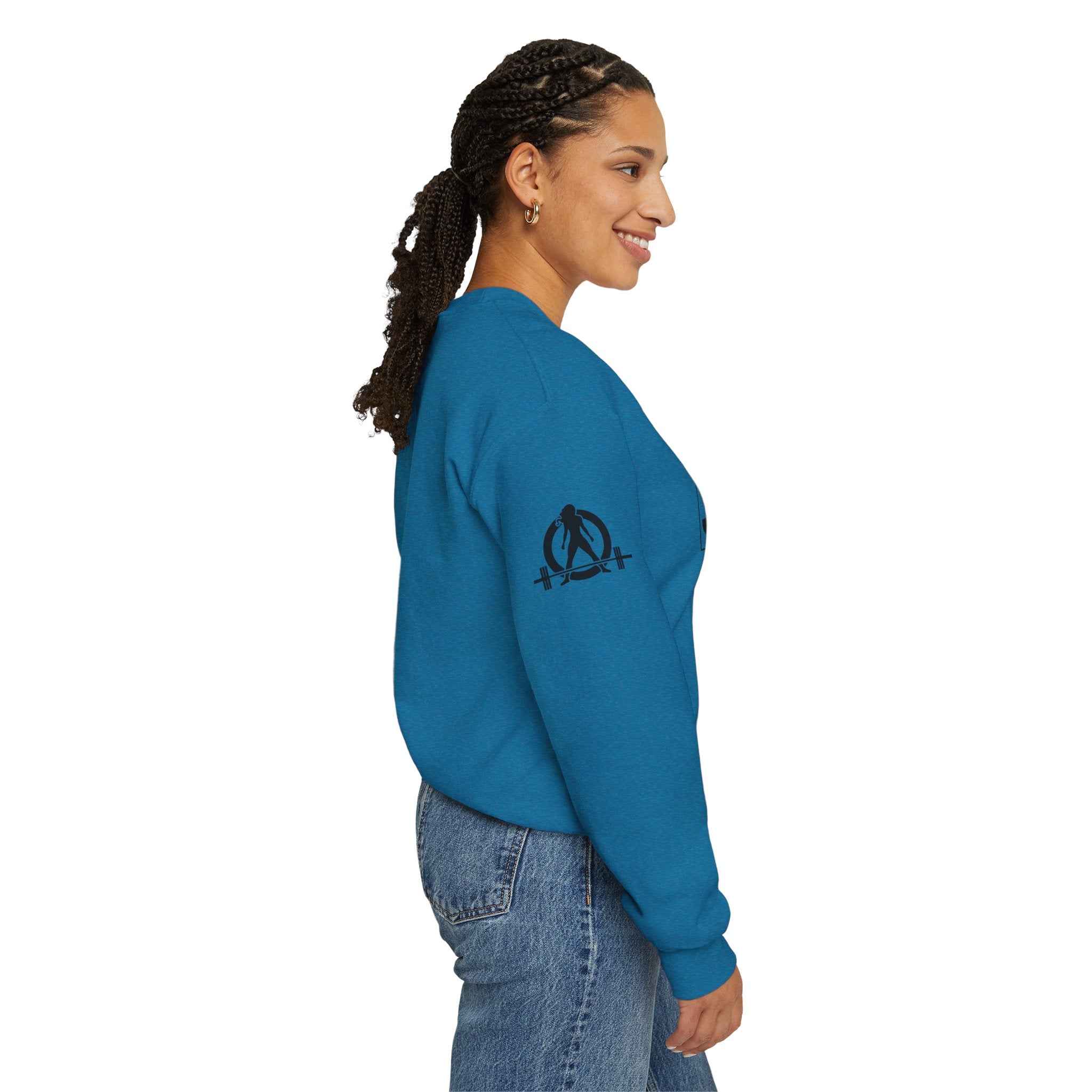 She is STRONG - Unisex Heavy Blend™ Crewneck Sweatshirt - Front Black Logo - Plain Back