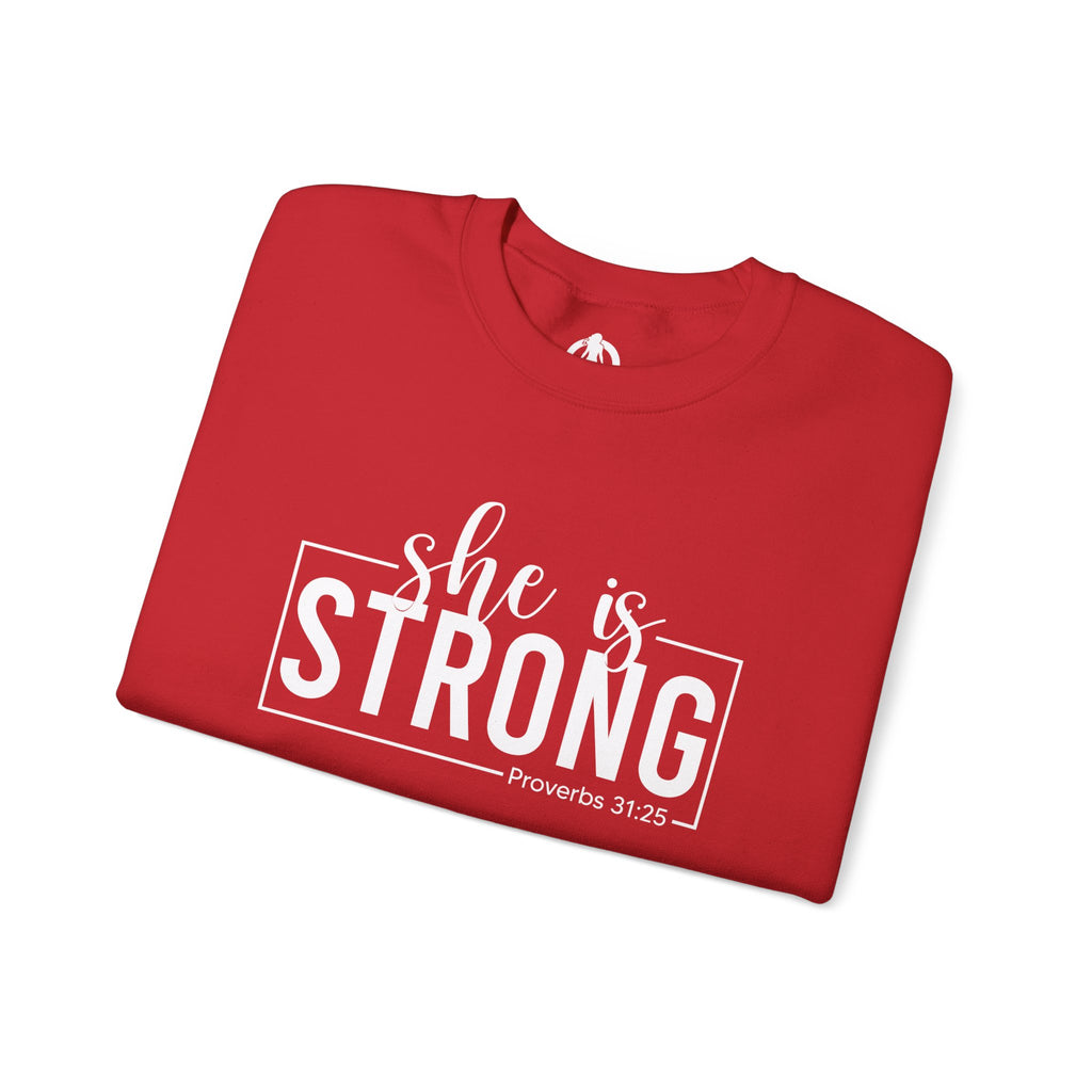 She is STRONG - Unisex Heavy Blend™ Crewneck Sweatshirt - Front White Logo - Plain Back