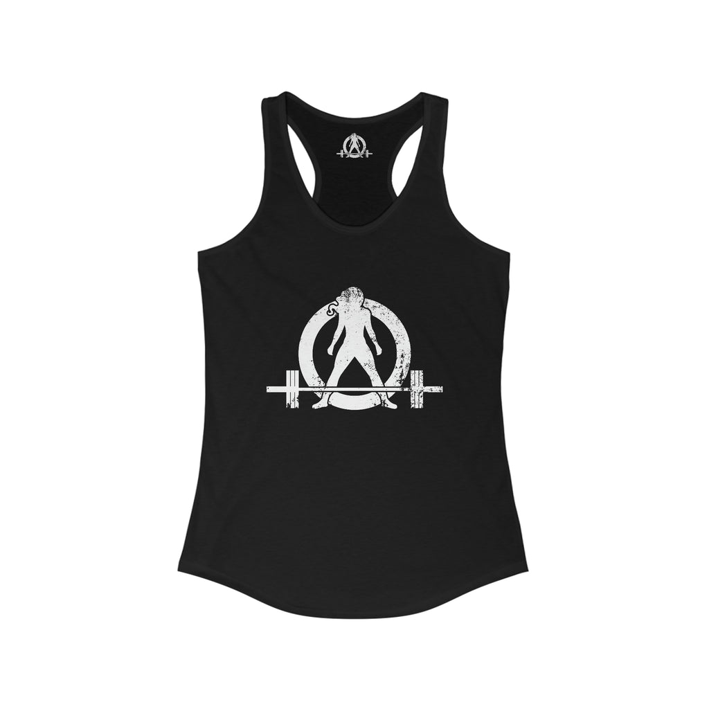 Cardio = Lift Weights Faster - Distressed White Logo - Ideal Racerback Tank - Front & Back