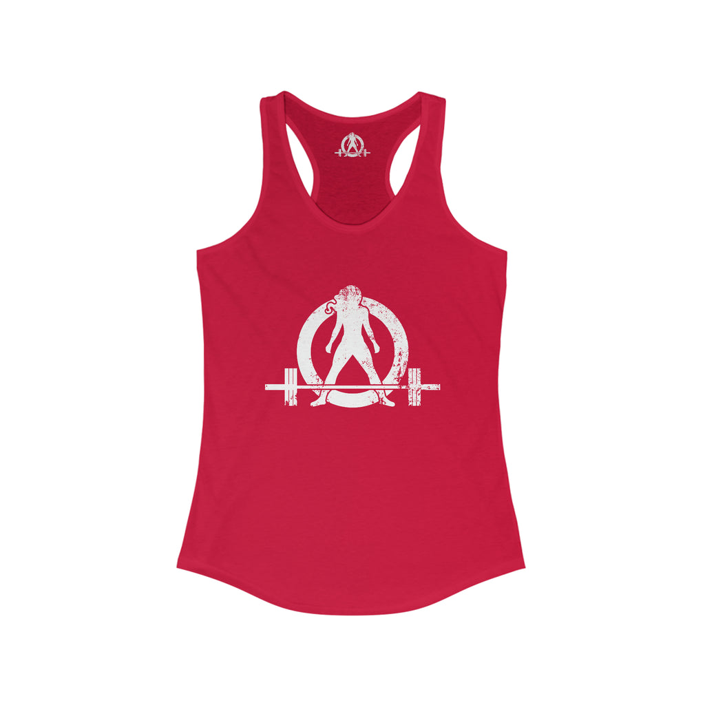 Cardio = Lift Weights Faster - Distressed White Logo - Ideal Racerback Tank - Front & Back