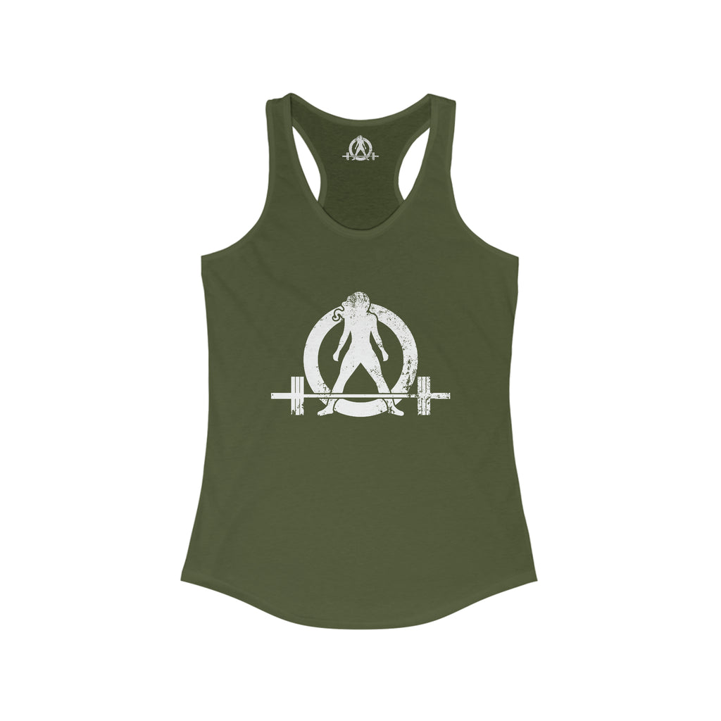 Cardio = Lift Weights Faster - Distressed White Logo - Ideal Racerback Tank - Front & Back