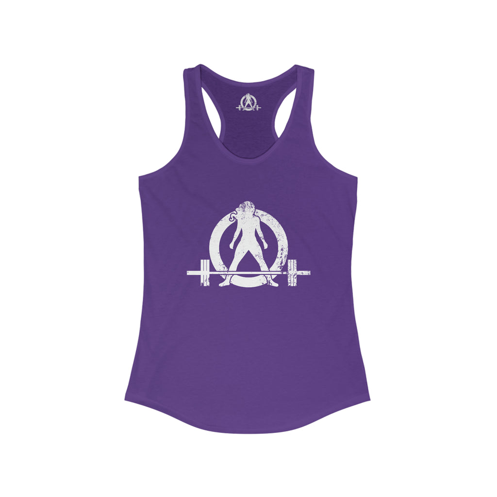Cardio = Lift Weights Faster - Distressed White Logo - Ideal Racerback Tank - Front & Back