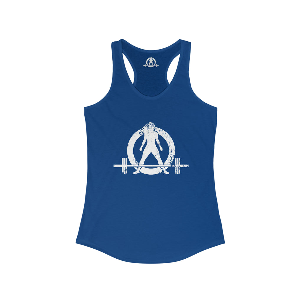 Cardio = Lift Weights Faster - Distressed White Logo - Ideal Racerback Tank - Front & Back