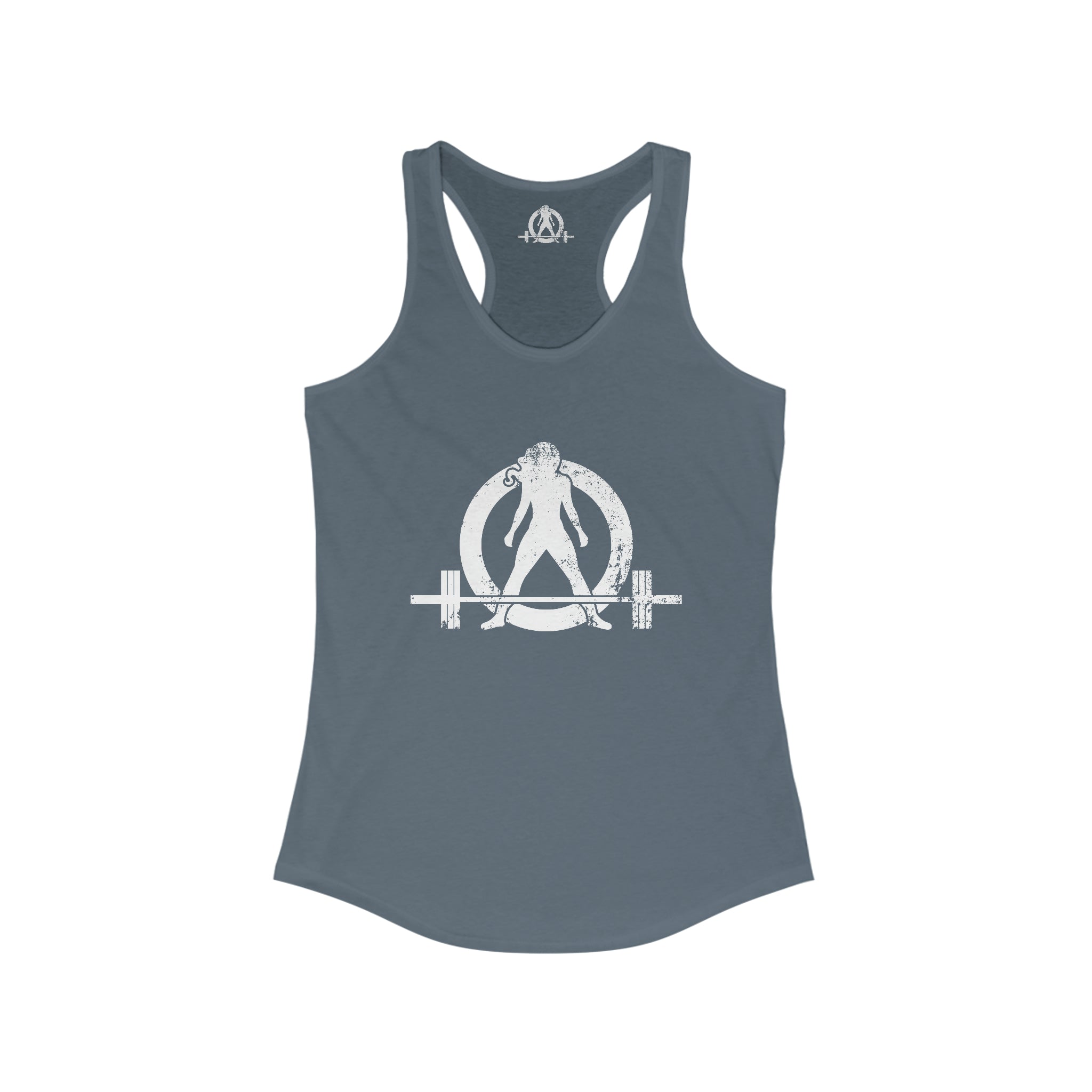 Cardio = Lift Weights Faster - Distressed White Logo - Ideal Racerback Tank - Front & Back
