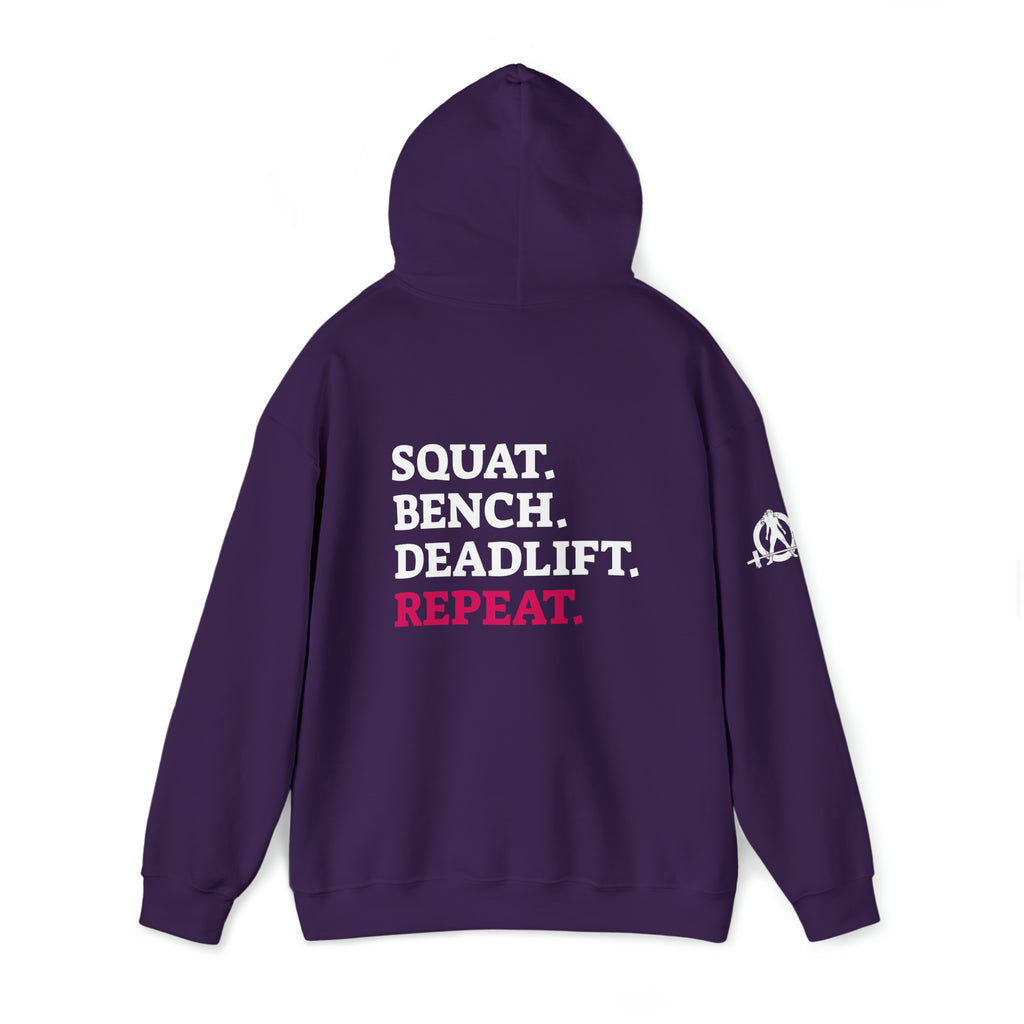 Squat Bench Deadlift Repeat - Unisex Heavy Blend Hooded Sweatshirt - Dark White Logo - Pink - SBDR on BACK