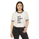 Lift Heavy Pet Cats - Unisex Cotton Ringer T-Shirt - Black Logo Front Plain Back