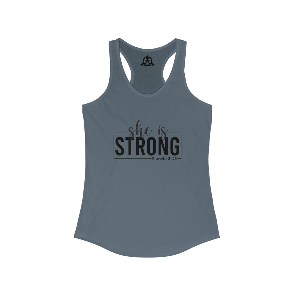 She is STRONG - Women's Ideal Racerback Tank - Black Logo Front Plain Back