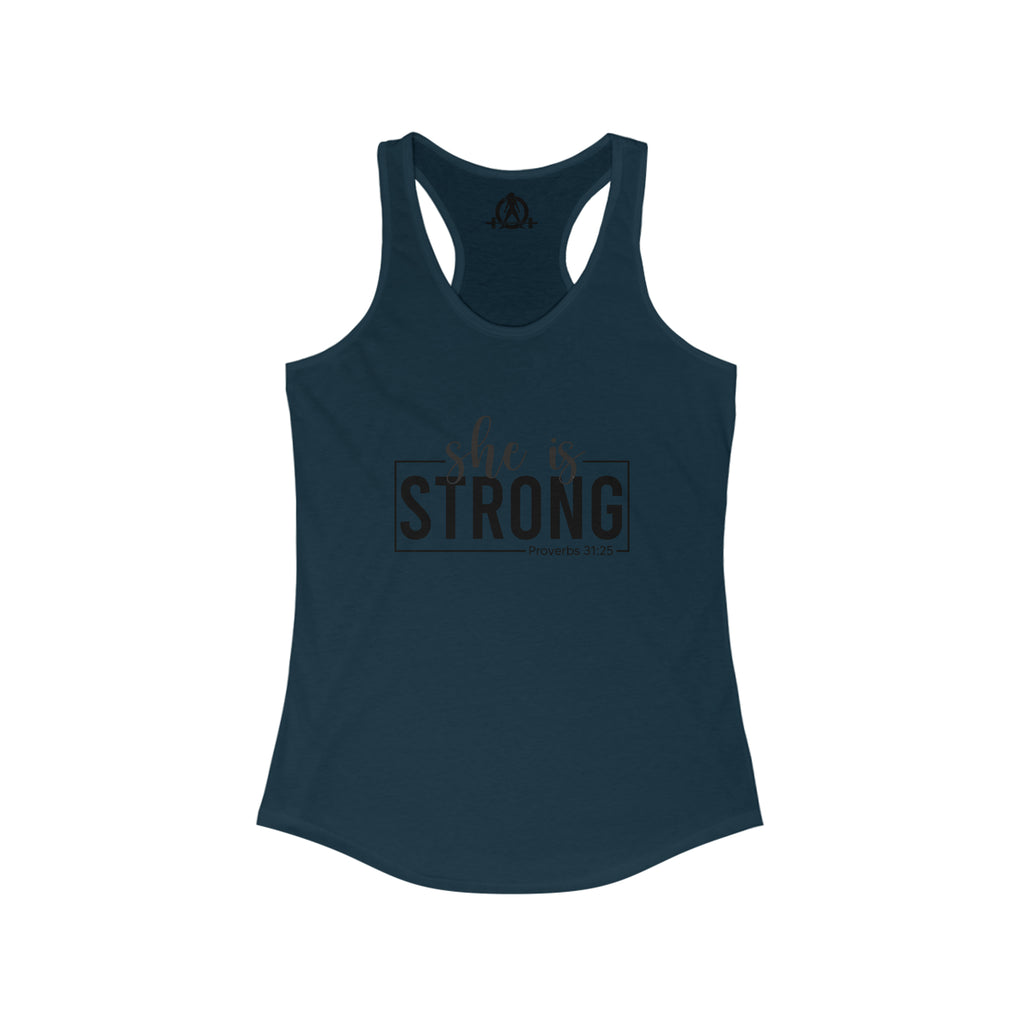 She is STRONG - Women's Ideal Racerback Tank - Black Logo Front Plain Back