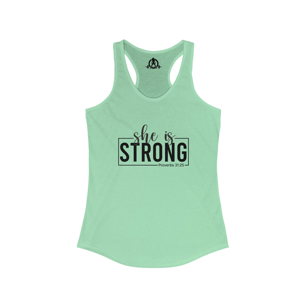 She is STRONG - Women's Ideal Racerback Tank - Black Logo Front Plain Back
