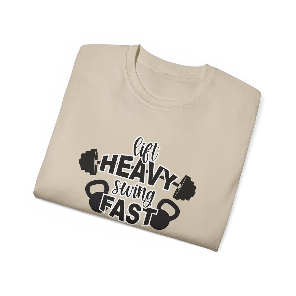 Lift Heavy Swing Fast - Unisex Ultra Cotton Tee - Black Logo Plain Back
