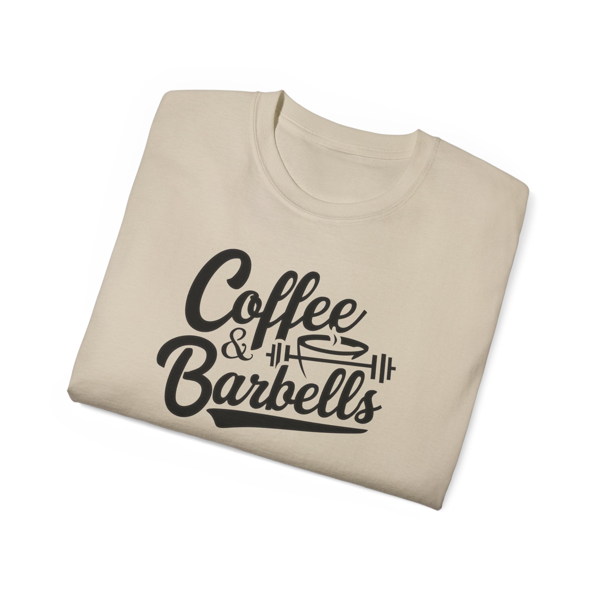 Coffee & Barbells - Unisex Ultra Cotton Tee - Front Black Logo - Plain Back
