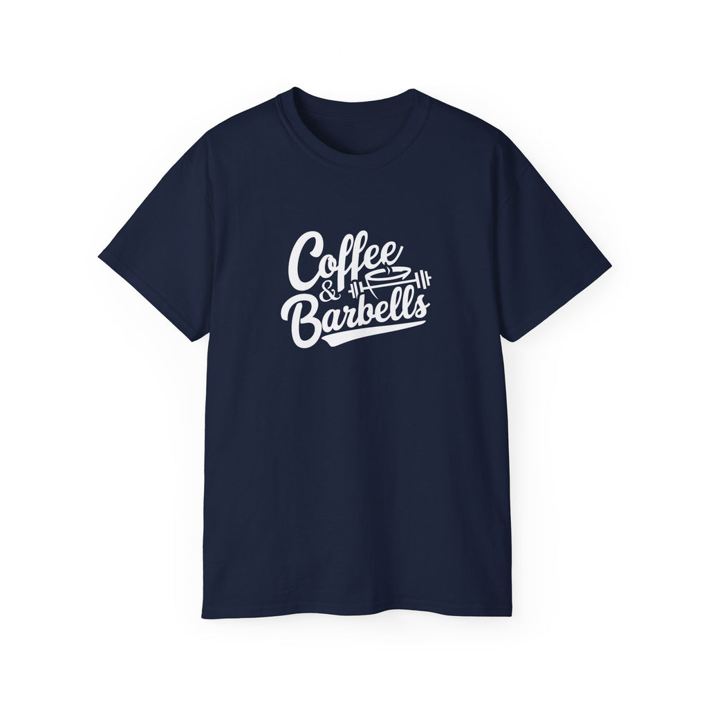Coffee & Barbells - Unisex Ultra Cotton Tee - Front White Logo - Plain Back