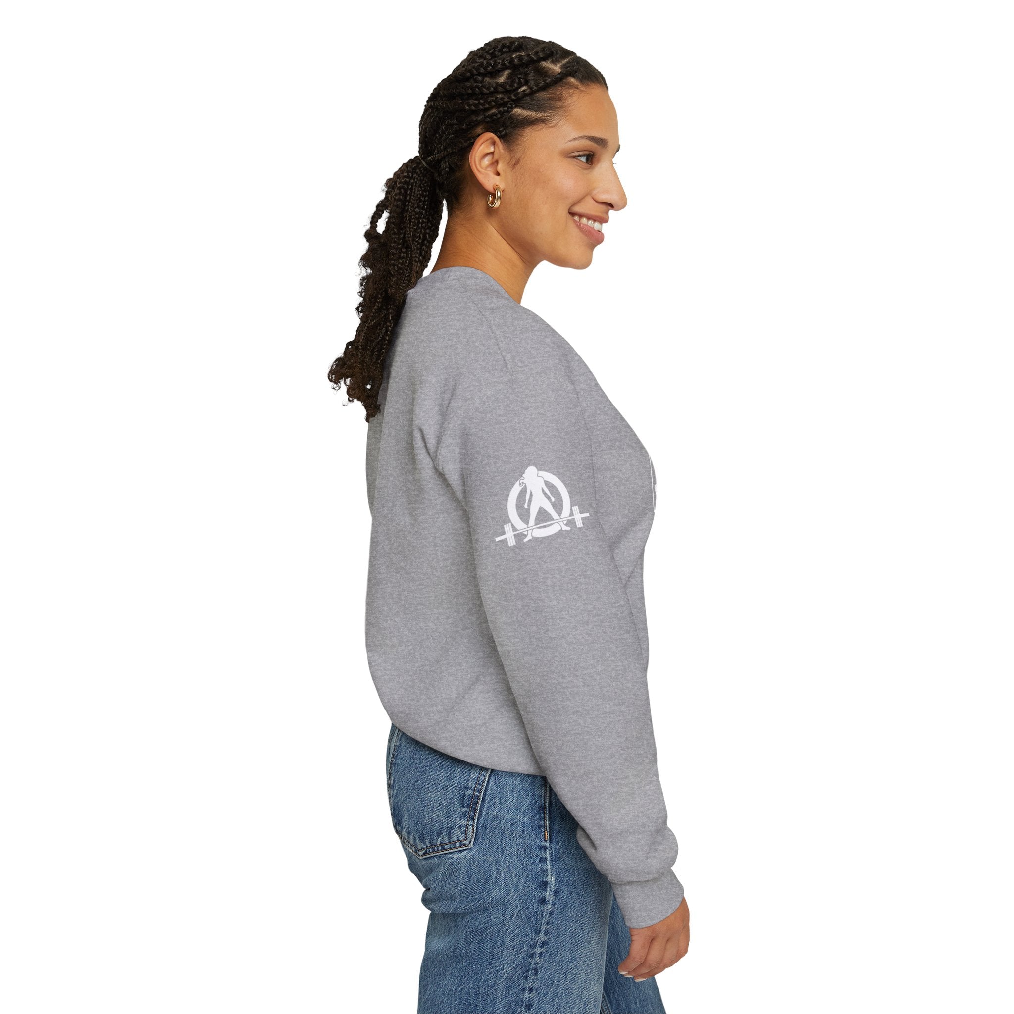 She is STRONG - Unisex Heavy Blend™ Crewneck Sweatshirt - Front White Logo - Plain Back