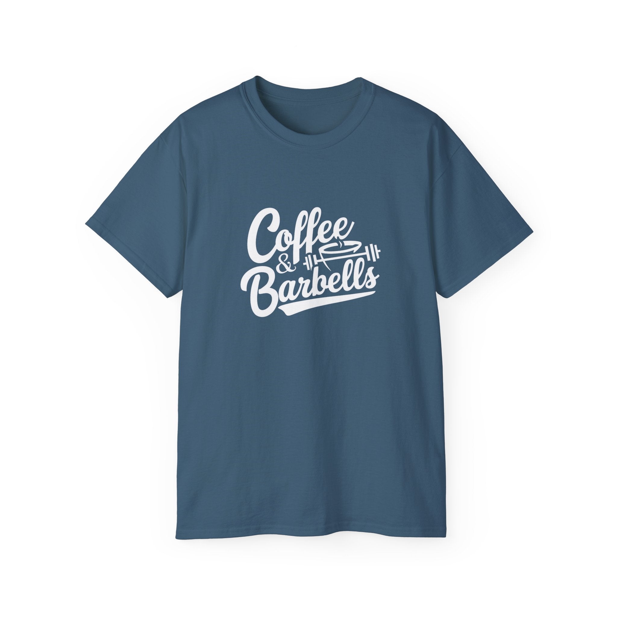 Coffee & Barbells - Unisex Ultra Cotton Tee - Front White Logo - Plain Back