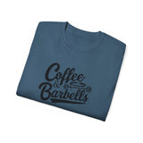 Coffee & Barbells - Unisex Ultra Cotton Tee - Front Black Logo - Plain Back