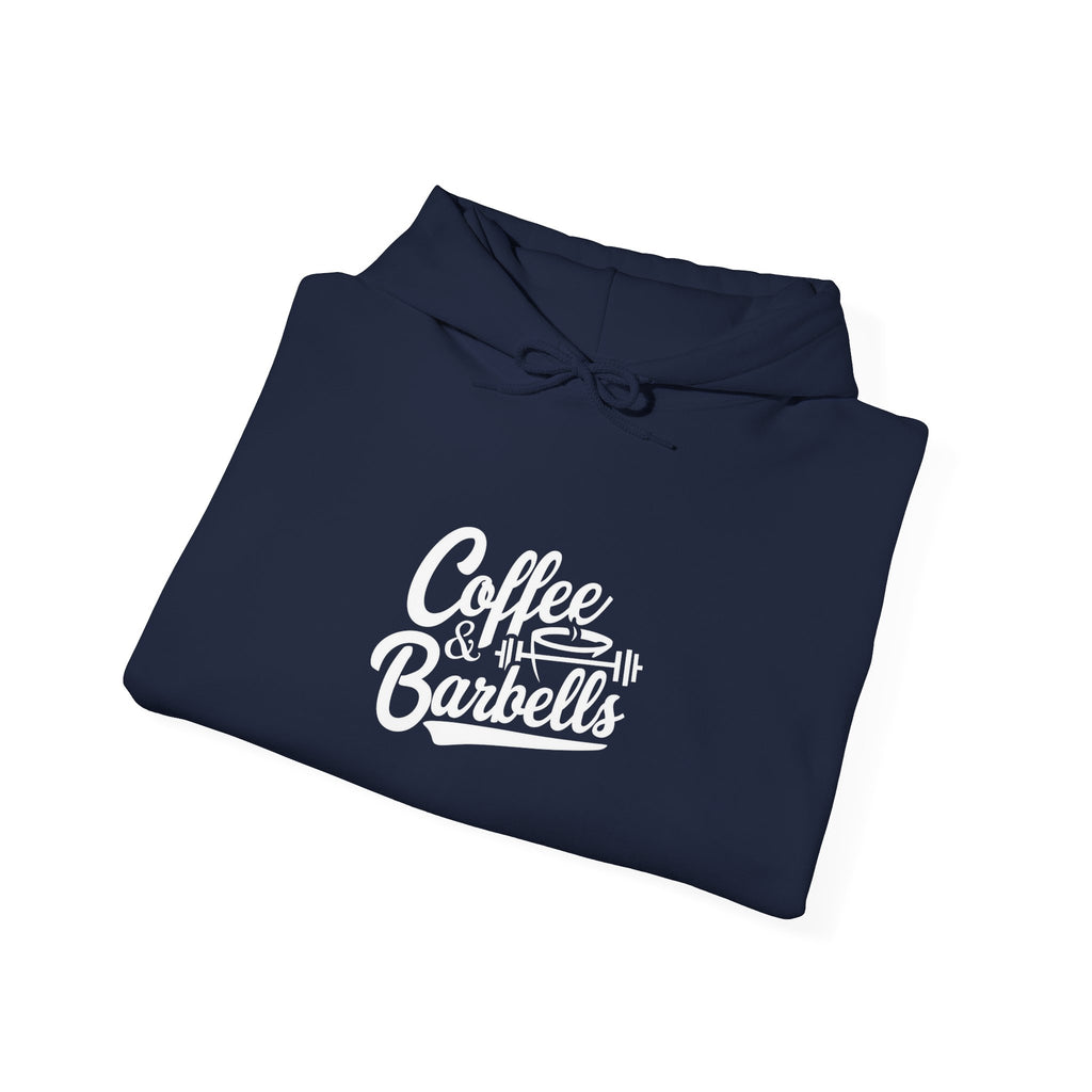 Coffee & Barbells - Unisex Heavy Blend Hooded Sweatshirt - White Logo on Front & Right Sleeve