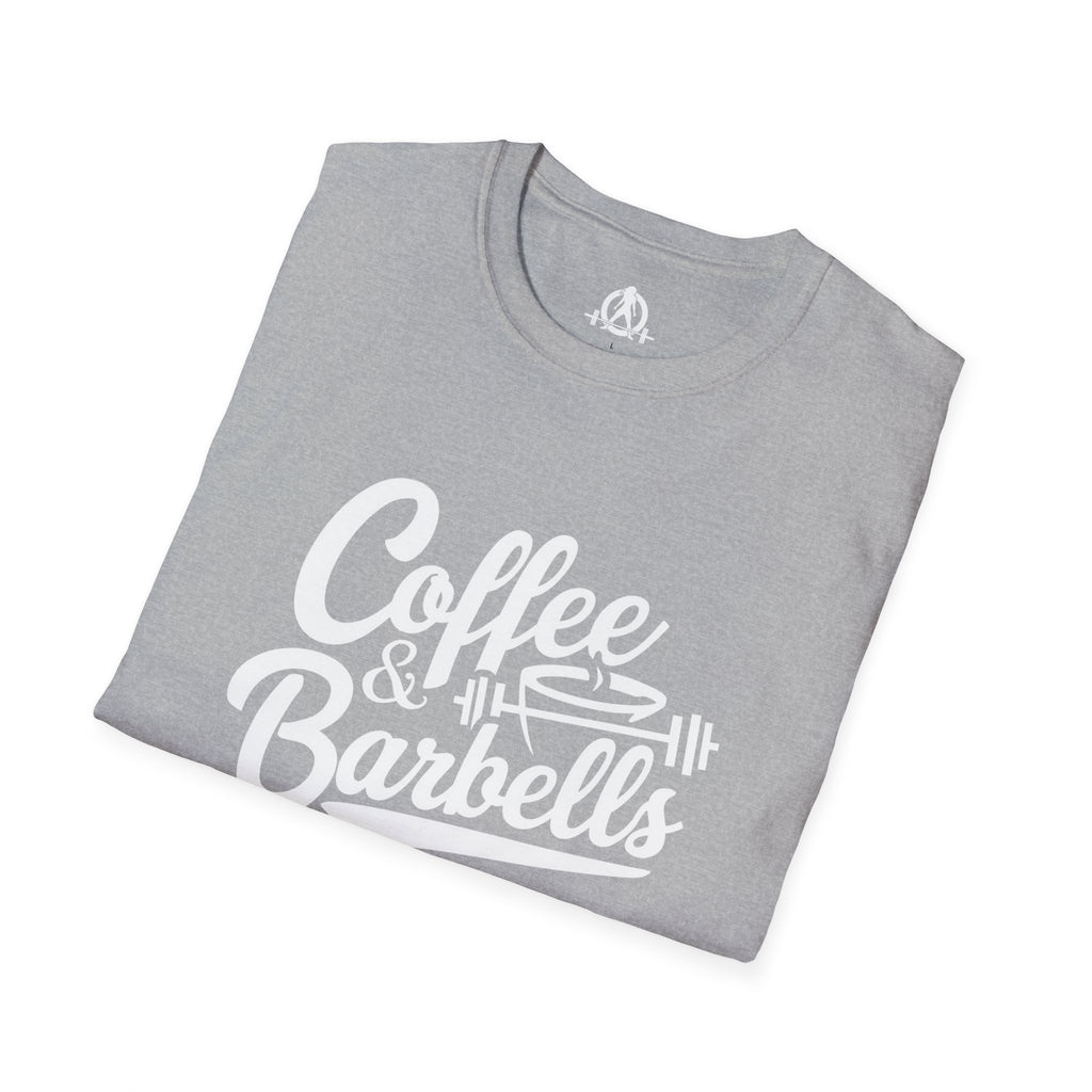 Coffee & Barbells - Unisex Softstyle T-Shirt - White Print on Front Plain Back