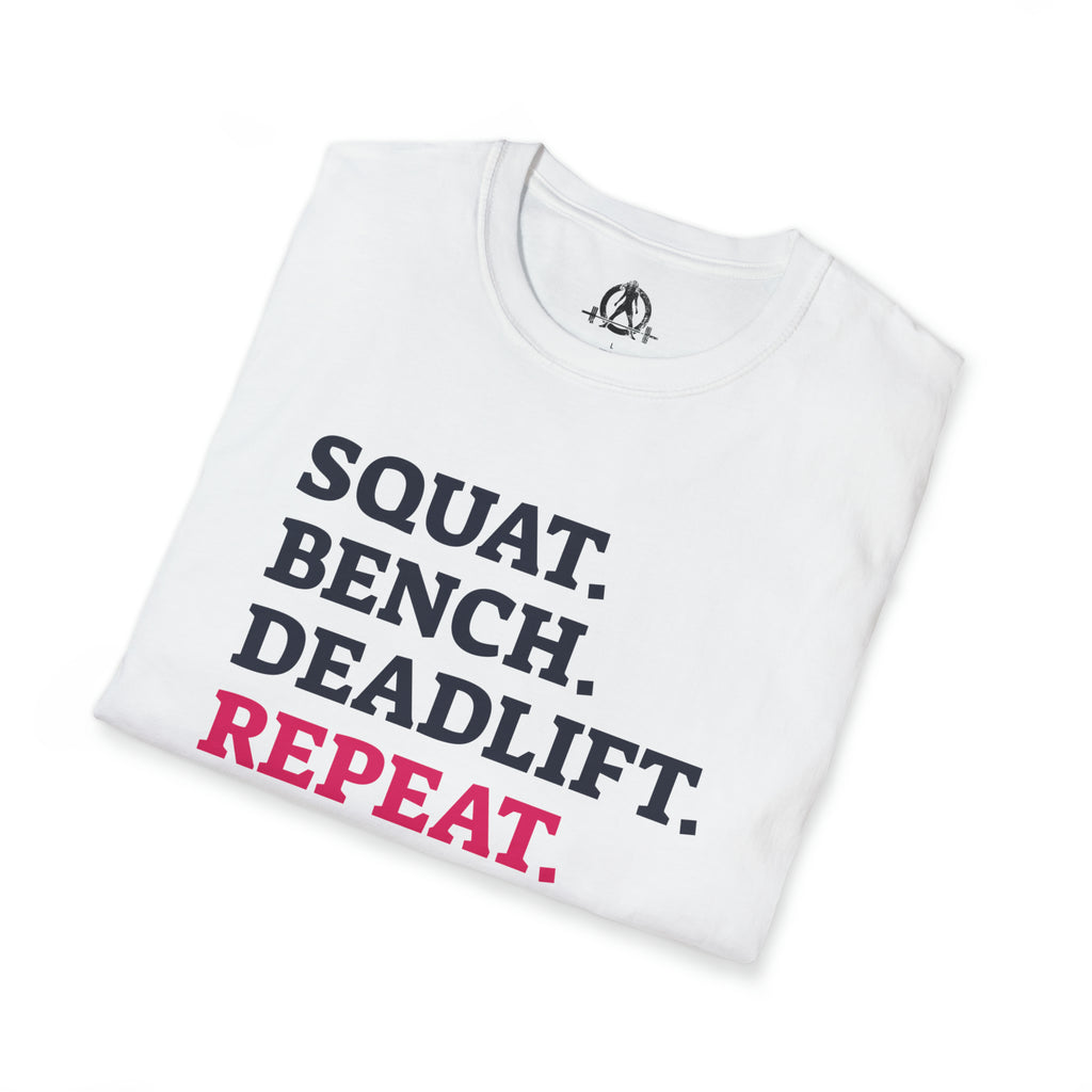 Squat Bench Deadlift Repeat - Unisex Softstyle T-Shirt - Pink - Plain Back