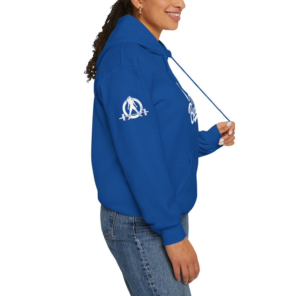 Coffee & Barbells - Unisex Heavy Blend Hooded Sweatshirt - White Logo on Front & Right Sleeve