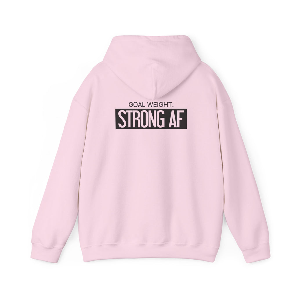 Goal Weight Strong AF – Unisex Heavy Blend™ Hooded Sweatshirt (Front & Back Black Logo) 🖤💪🔥