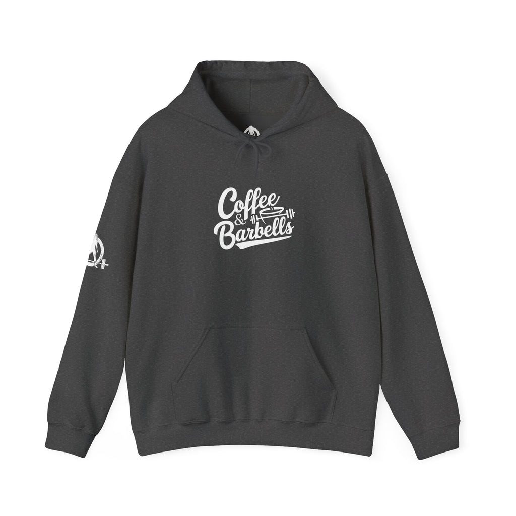 Coffee & Barbells - Unisex Heavy Blend Hooded Sweatshirt - White Logo on Front & Right Sleeve