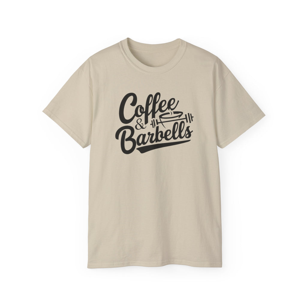Coffee & Barbells - Unisex Ultra Cotton Tee - Front Black Logo - Plain Back
