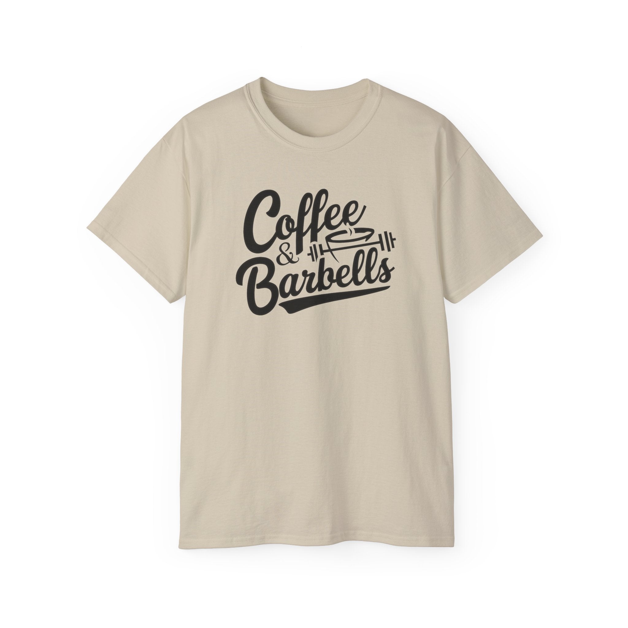 Coffee & Barbells - Unisex Ultra Cotton Tee - Front Black Logo - Plain Back