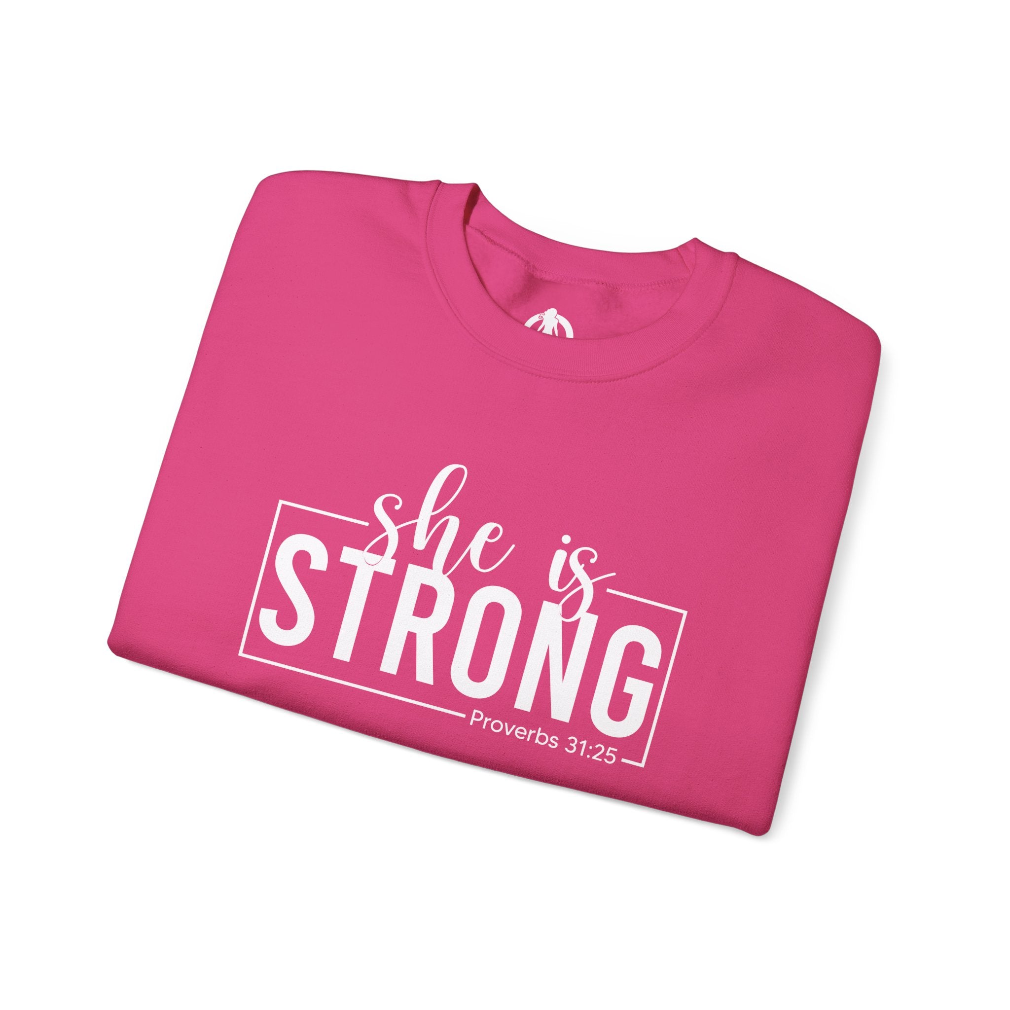 She is STRONG - Unisex Heavy Blend™ Crewneck Sweatshirt - Front White Logo - Plain Back