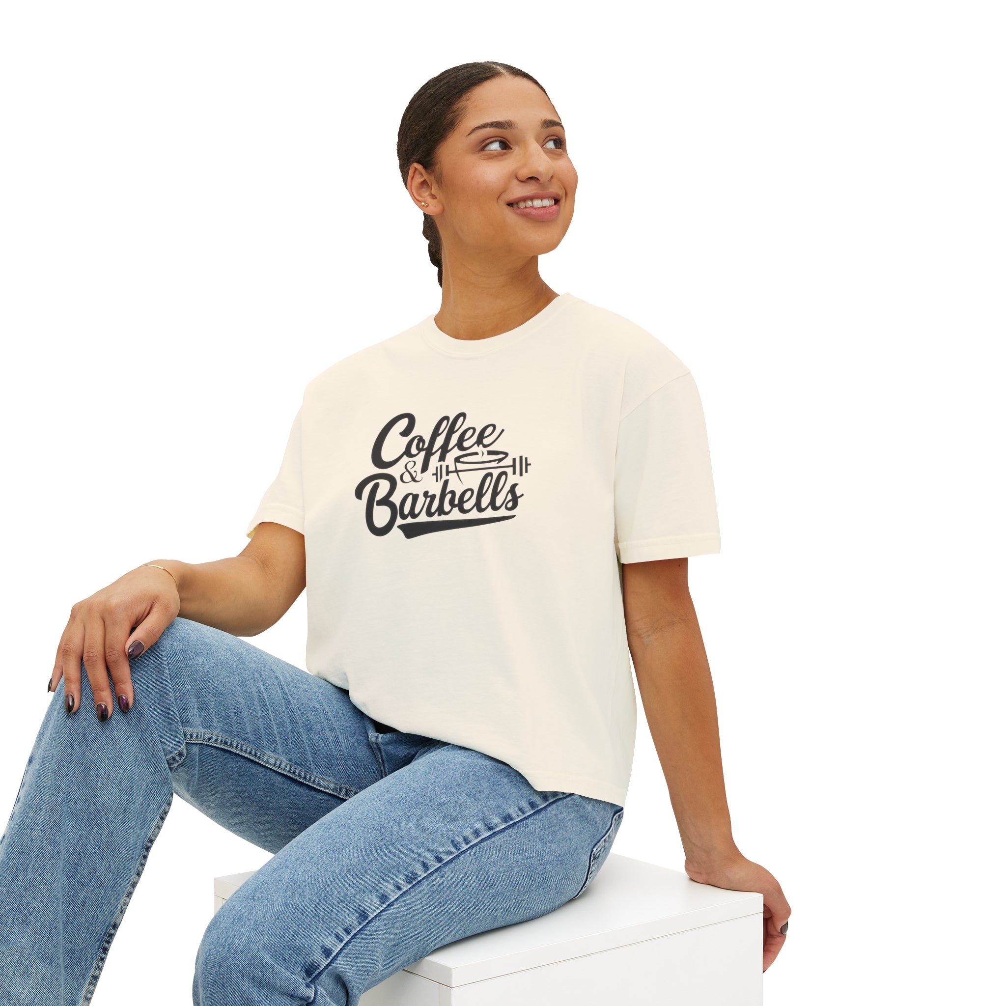 Coffee & Barbells - Women's Boxy Tee - Black Logo Front Plain Back