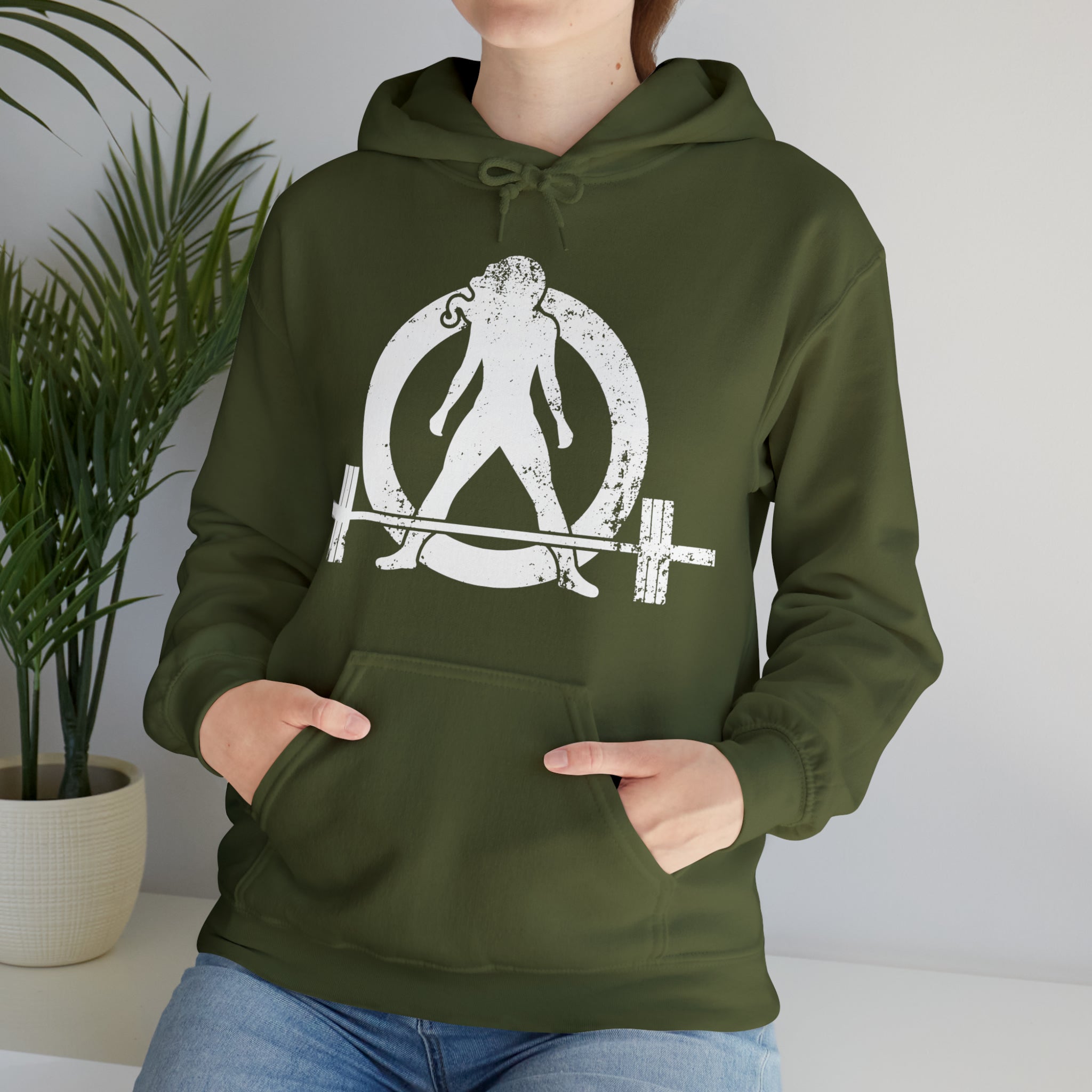 COFFEE and a Barbell  - Distressed White Logo  - Unisex Heavy Blend Hooded Sweatshirt