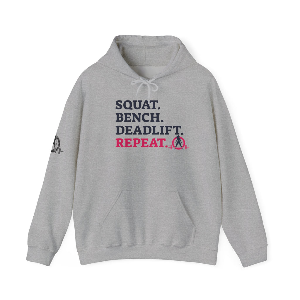 WWLW “Squat • Bench • Deadlift • Repeat” Hoodie - Front Dark Logo Plain Back