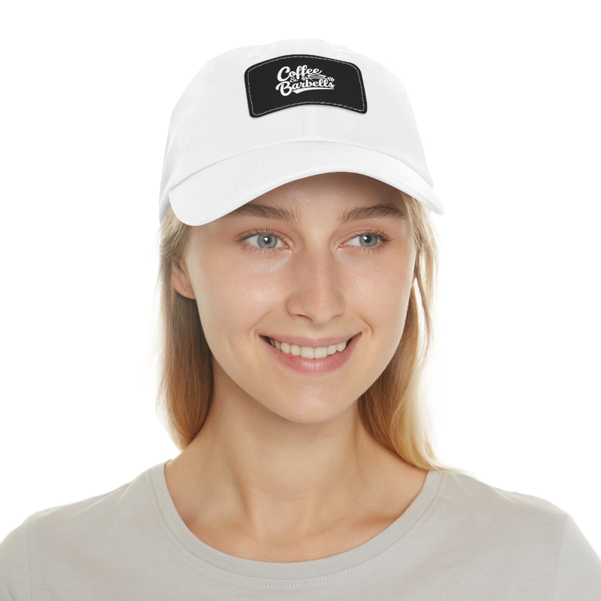 Coffee & Barbells - Dad Hat with Leather Patch (Rectangle) - White Font