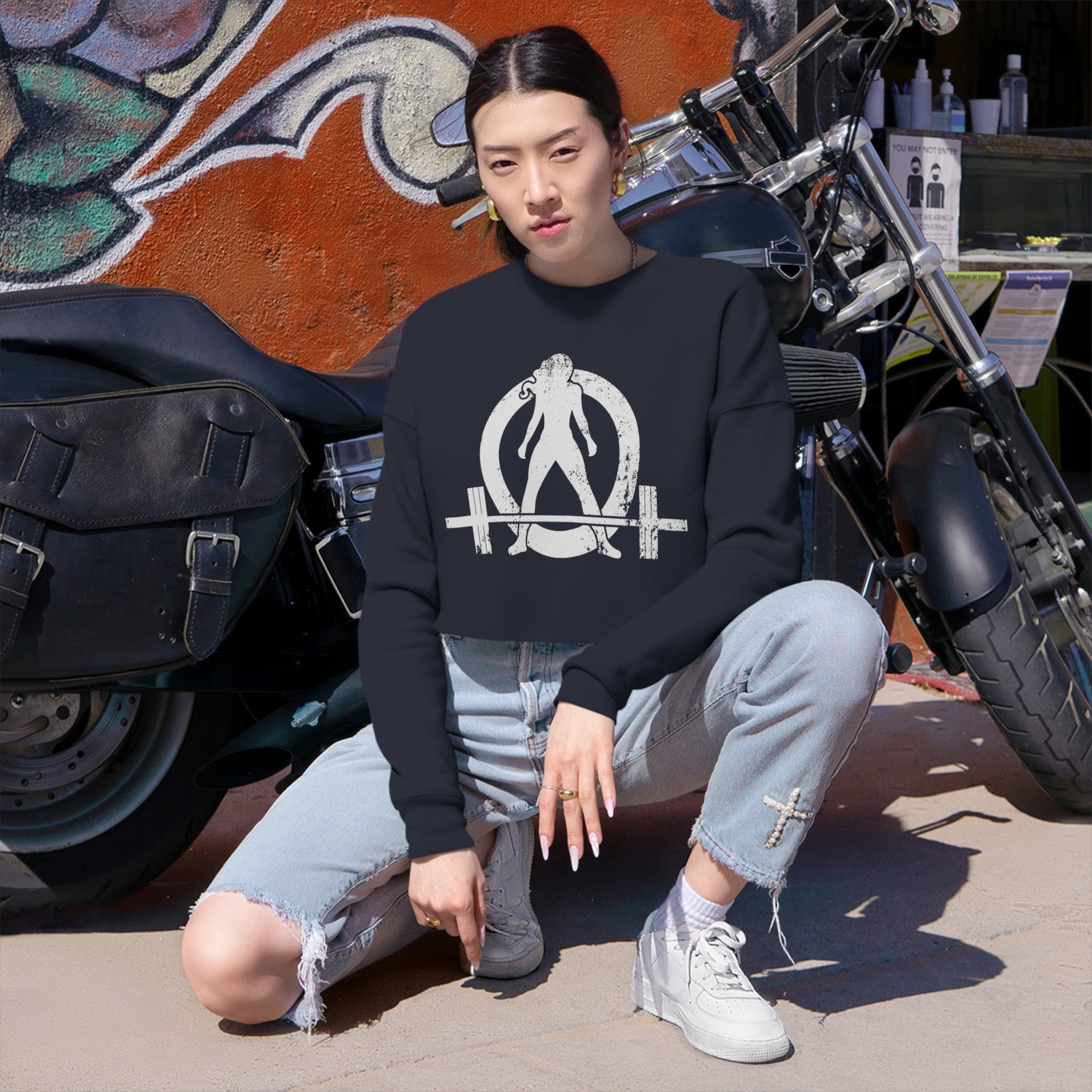 Women's Cropped Sweatshirt - Distressed White Logo